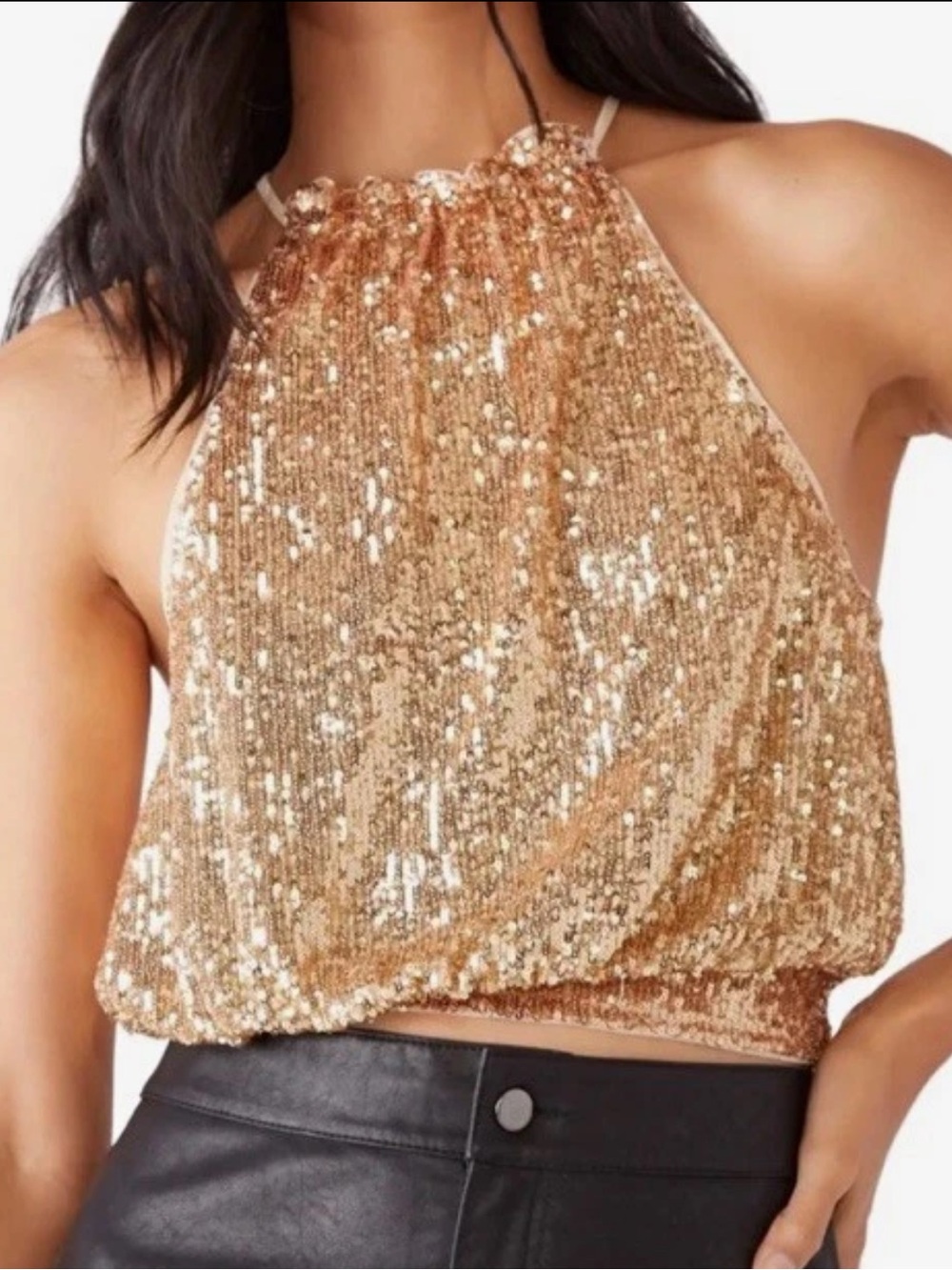 Free People Lights Out Top Gold Neutral Sequin Size S NWT
